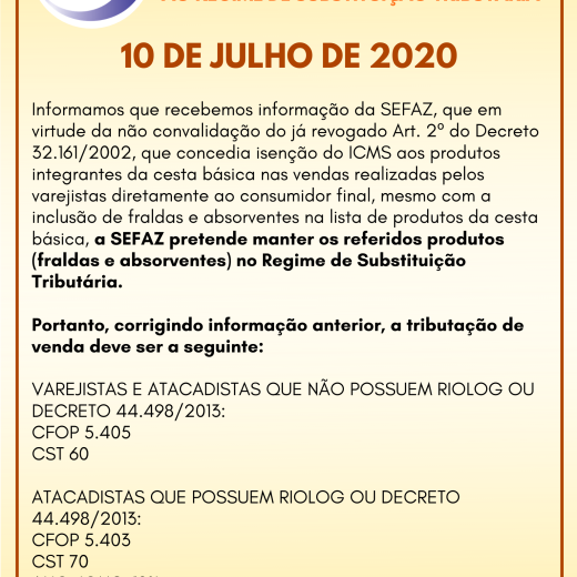 ATENÇÃO - ATACADISTAS E VAREJISTAS - RJ - INCLUSÃO DE FRALDAS E ABSORVENTES NA CESTA BÁSICA (3)